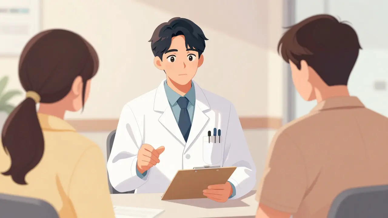 Doctor advising patient about medication safety in clinic.