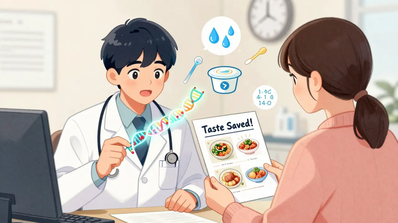 Doctor and patient celebrating taste recovery with DNA strand and coping tools floating around them.