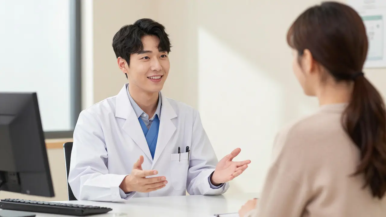 Doctor speaking with a patient in a bright medical office consultation room.