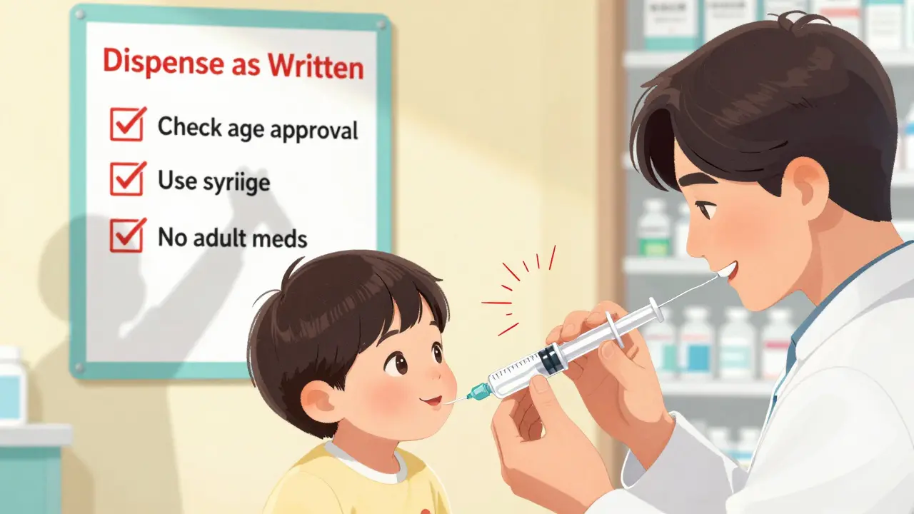 Father gives child medicine with oral syringe as a 'Dispense as Written' poster hangs on the wall.