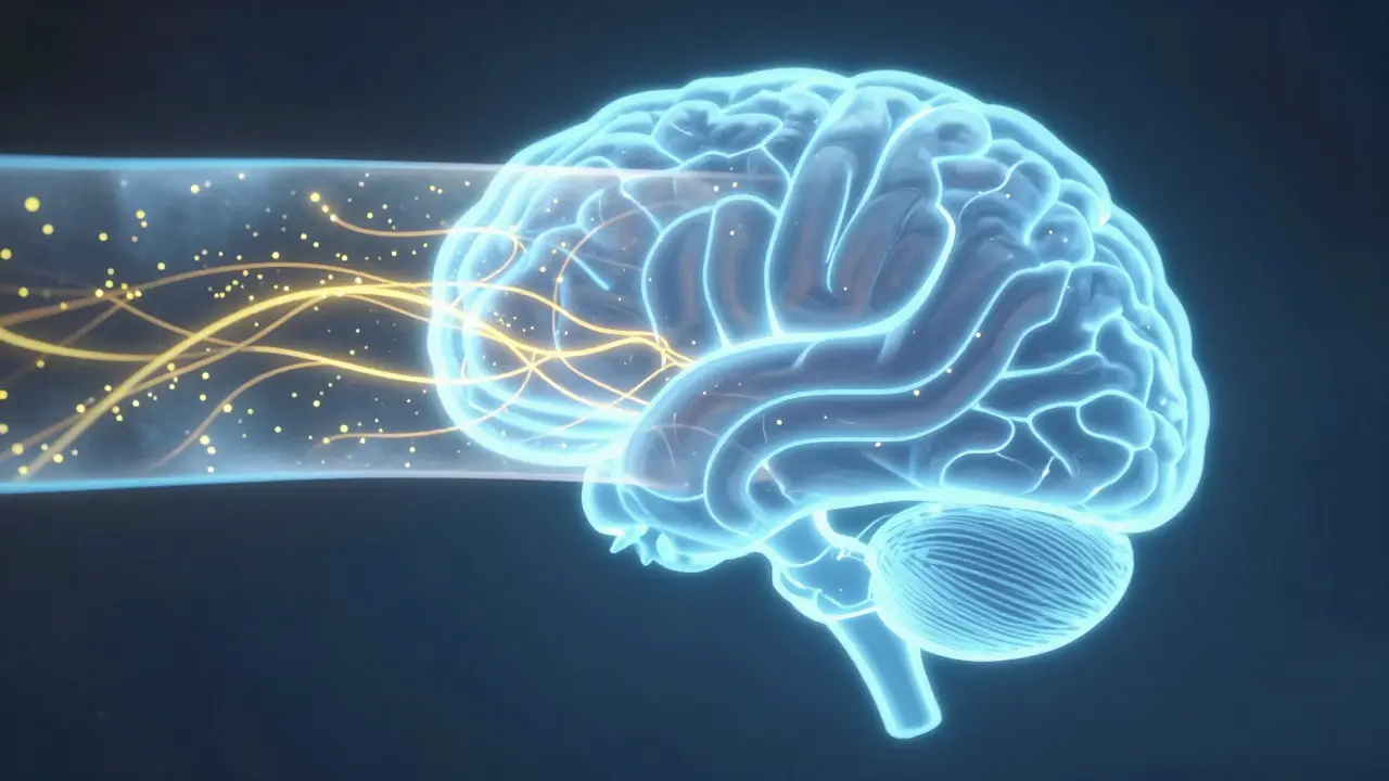 Glowing particles flowing into stylized brain barrier art.