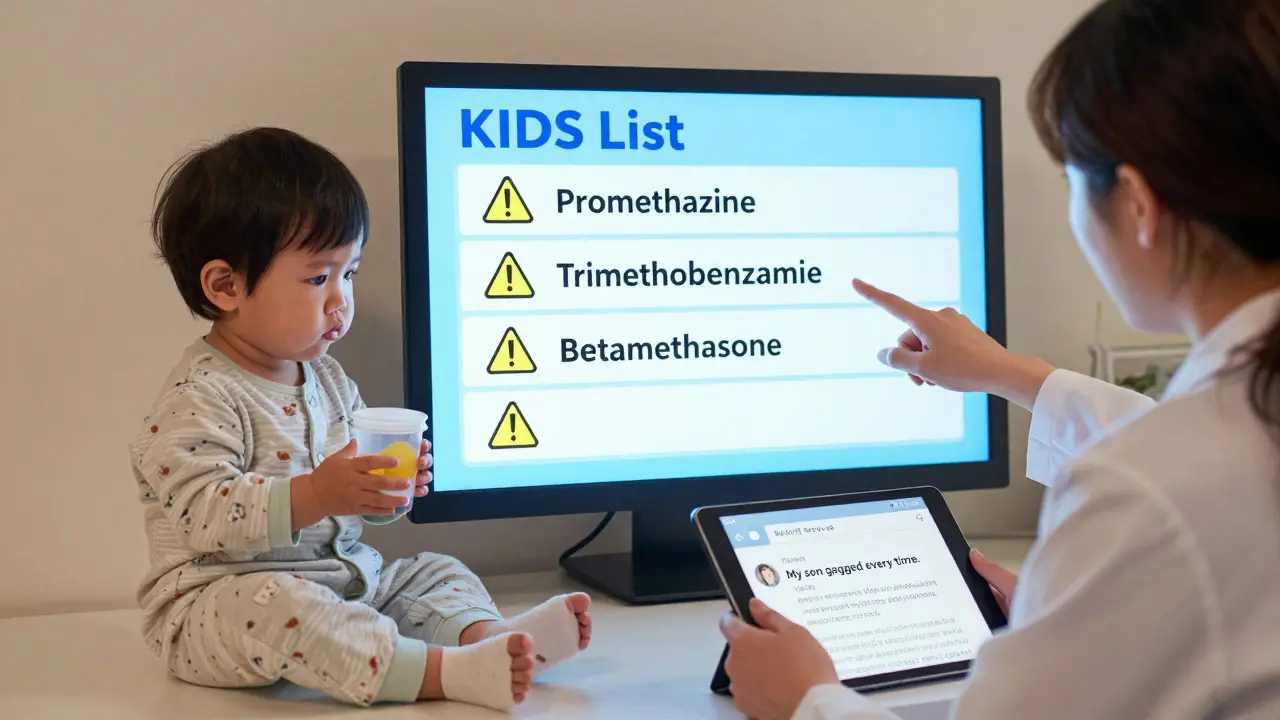 Pharmacist shows KIDs List on screen while a child frowns at medicine; parent looks at Reddit post on tablet.
