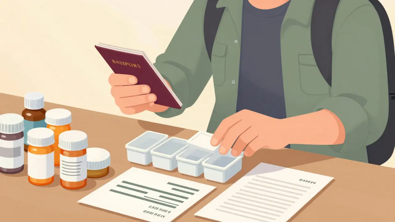 Prepared traveler organizing docs and medicine