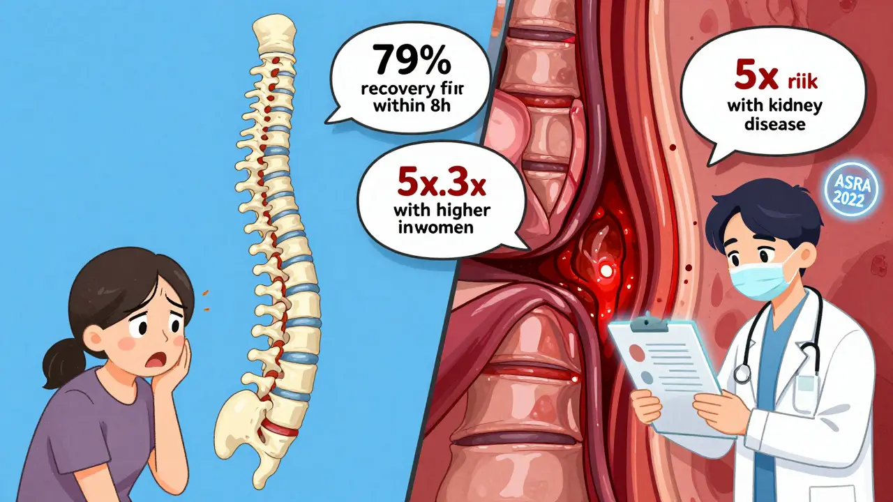 Split illustration comparing a healthy spine to a crushed one with risk data bubbles, showing time sensitivity and patient factors in bold webtoon style.
