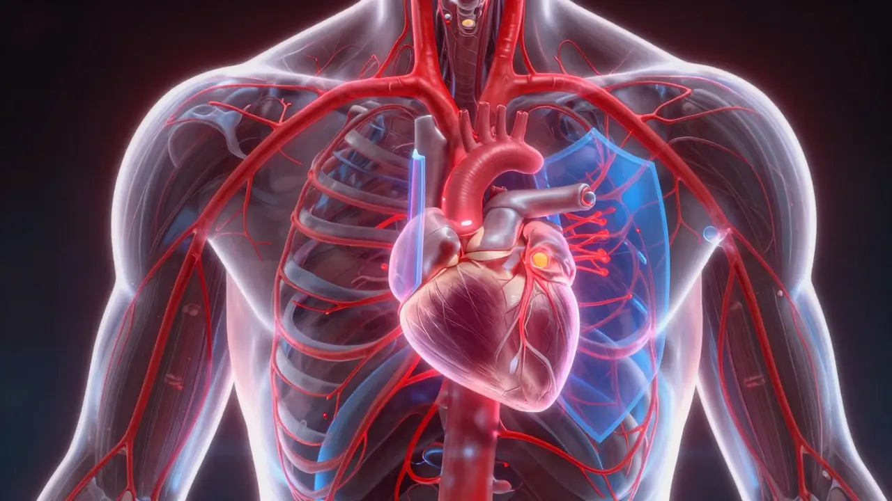 Stylized abstract view of a human torso with glowing red and blue internal organ lights.