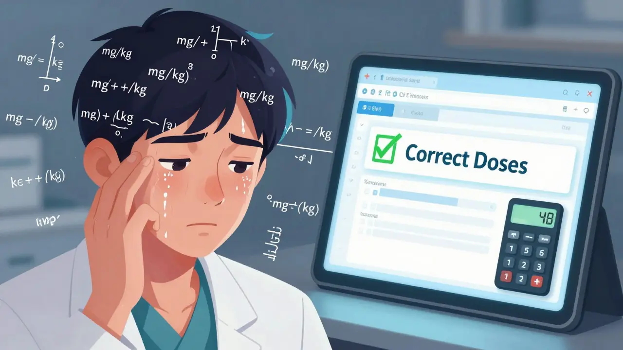 A clinician struggling with dose calculations versus a digital medical calculator.