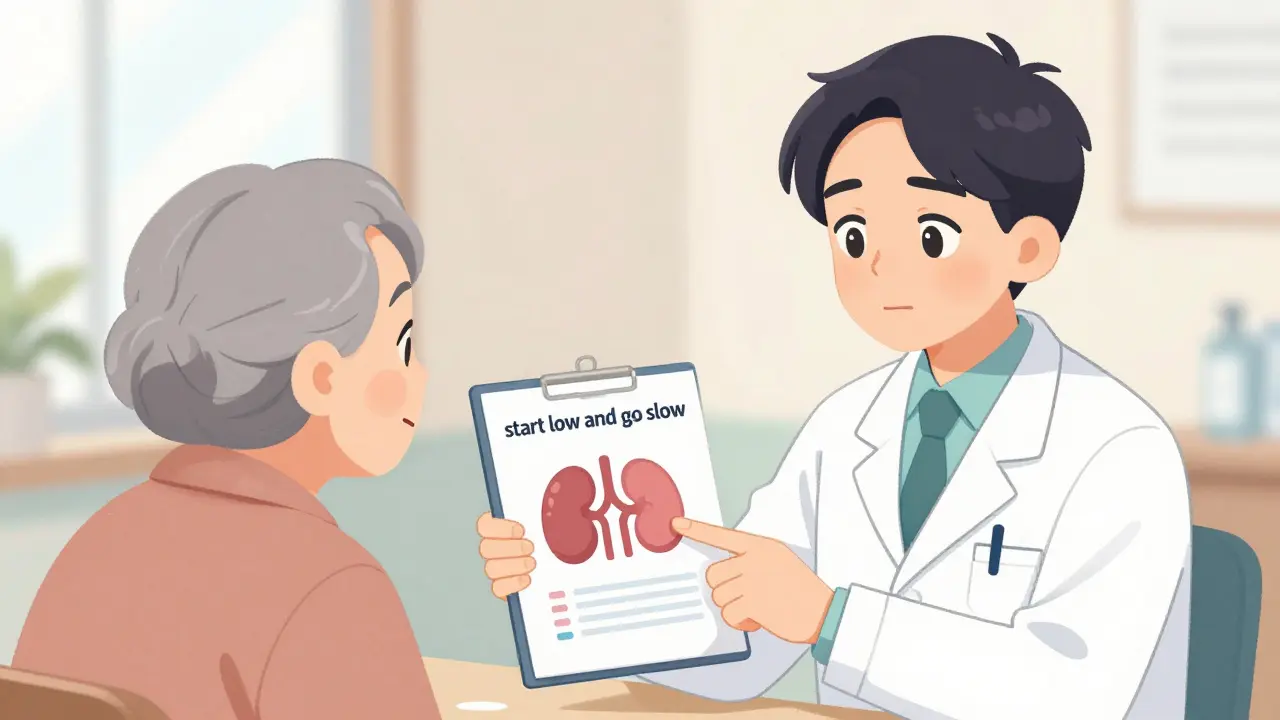 A doctor explaining medication risk factors to an elderly patient in a clinic setting.
