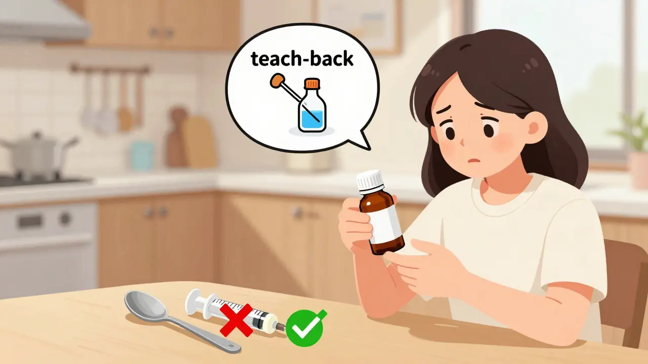 A parent comparing a kitchen spoon and a proper oral syringe for child medication.