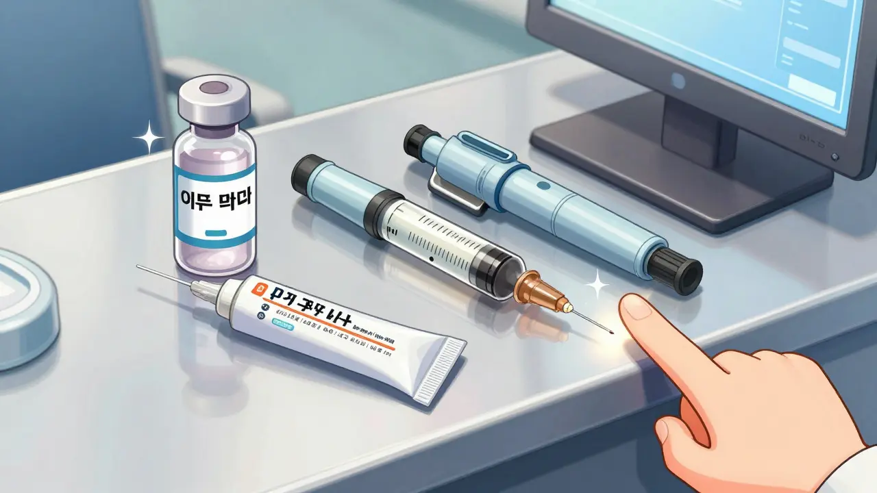 Collection of liquid medications and insulin pens in webtoon style