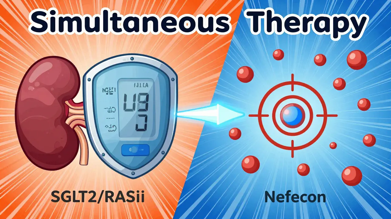 Conceptual webtoon art showing dual treatment attacking IgA antibodies and protecting kidney pressure.