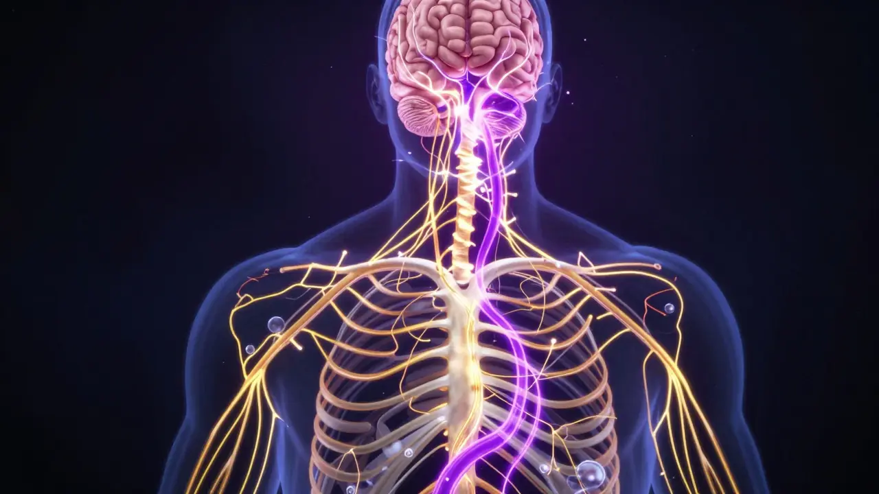 Glowing energy streams merging in the nervous system to affect the brain's breathing center.