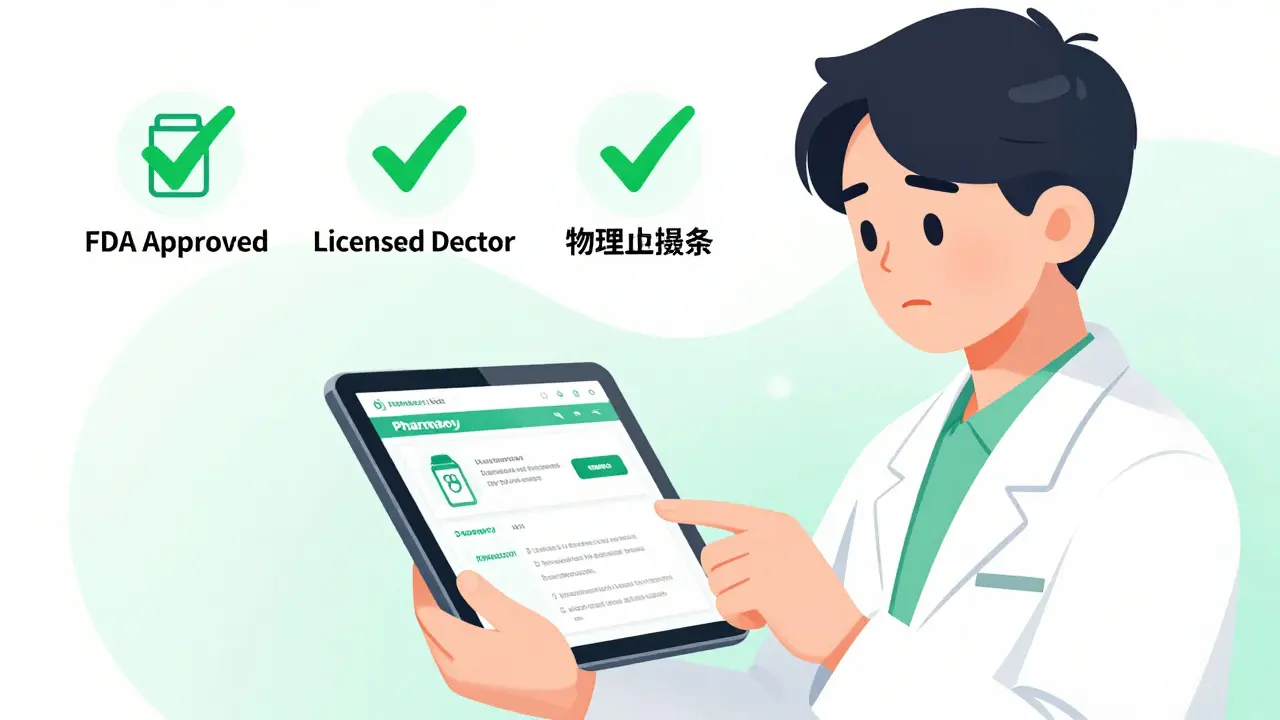 Person verifying the safety and licensing of an online pharmacy