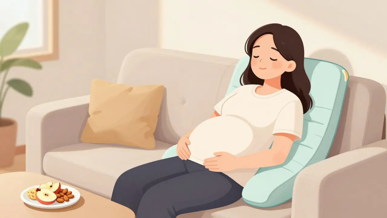 Pregnant woman resting on a wedge pillow with healthy snacks nearby.