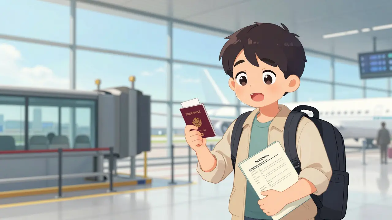 Relieved traveler heading to their flight in a Korean webtoon style