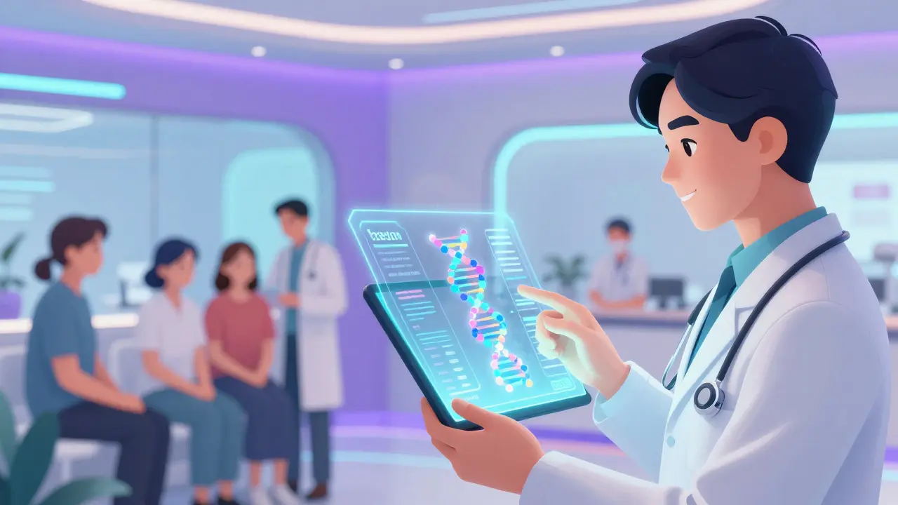Webtoon illustration of a doctor using a holographic biomarker profile for personalized kidney care.